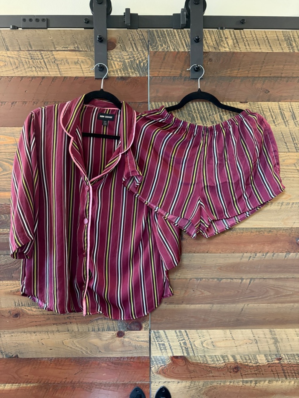Women’s Burgundy Striped Pajama Set - Relaxed Button-Up & Shorts